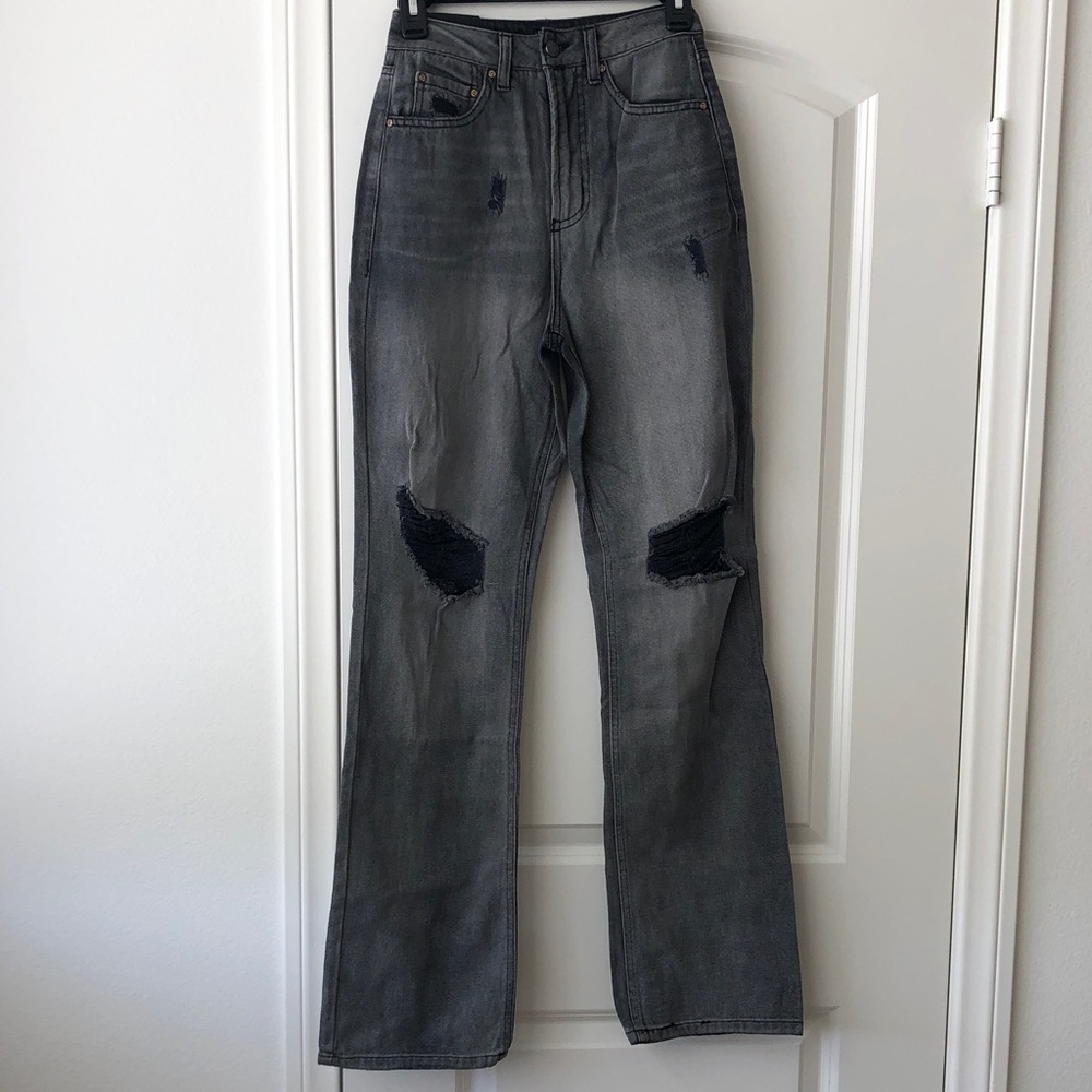 AFRM Gray Distressed Flare Jeans